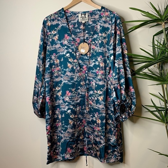 Jaase | Boho Weekend Beach Balloon Sleeve Asian Print V-Neck Tunic Dress NWT S - Picture 1 of 17